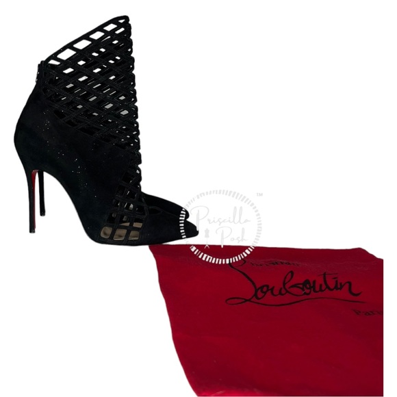 Christian Louboutin Black Suede Pointed Toe Ankle Boots Cutout Stiletto Heel 37 - Picture 13 of 16